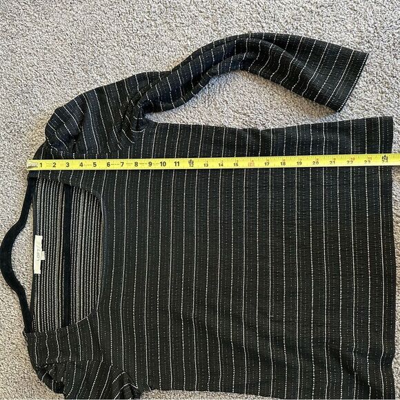 Loft Black and Silver Shimmer Puff Sleeve Square Neck Striped Women's Top Size L - Picture 7 of 9